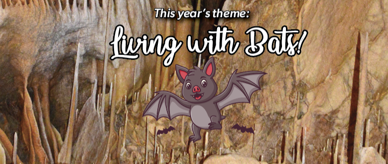 The Living with Bats themed footer graphic showing a cartoon bat in the cave.